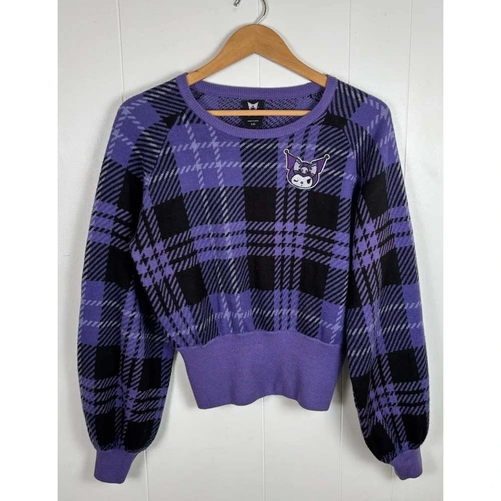 Kuromi by Sanrio Women's Sz Large Purple Black Plaid Sweater Embroidered Logo